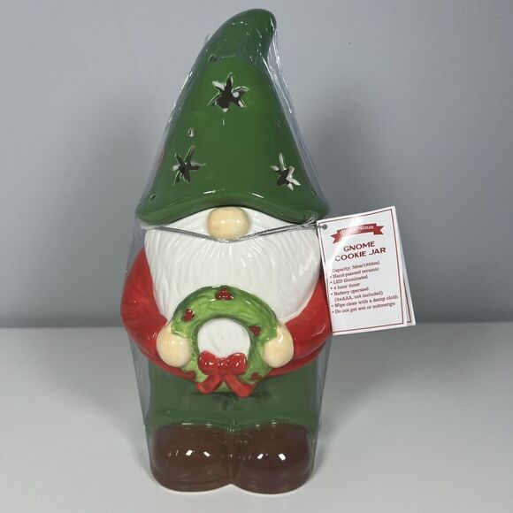 Mr. Christmas NWT Ceramic Red, Green & White Christmas Gnome Cookie Jar, 13"H - Picture 2 of 6